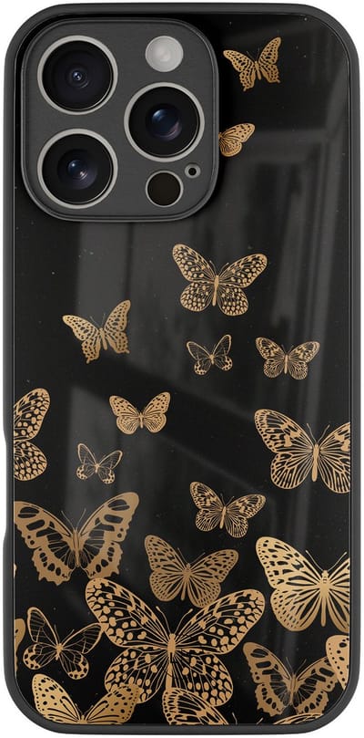 Hoesje geschikt voor iPhone 16 Pro - Vlinders - Luxe Glazen Hardcase - Hippe print - Zwart, Goud - Leuke Telefoonhoesjes
