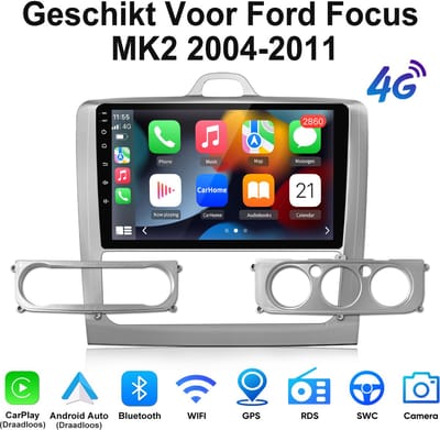 Junsun Android 15 Autoradio Geschikt Voor Ford Focus Mk2 2004-2011 Accessoires, 6GB+128GB, Draadloze CarPlay & Andriod Auto, DAB+, GPS-navigatiesysteem, Bluetooth, Stuurwielbediening, WiFi, 9-inch Touchscreen, DSP, Octa-core processor