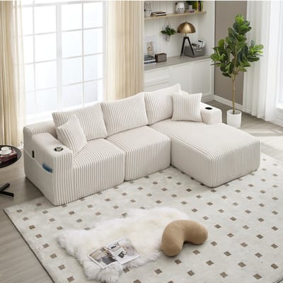 Modulaire sofaset met chaise longue en 2-zitsbank, zachte corduroy bekleding, inclusief 5 kussens, zijvakken en bekerhouders, schuim met hoge dichtheid, zelf samen te stellen, ideaal voor woonkamer, appartement en studio.