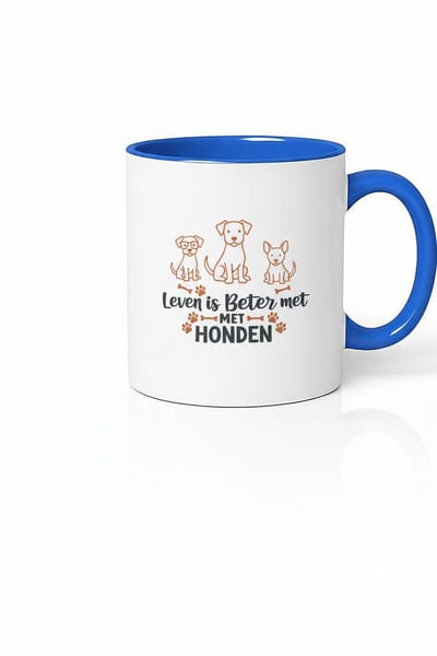 Leven Is Beter Met Honden Mok 330ml – Witte Keramische Koffiemok met Blauwe Oor – Schattig Honden Lijntekening Cadeau voor Hondenliefhebbers