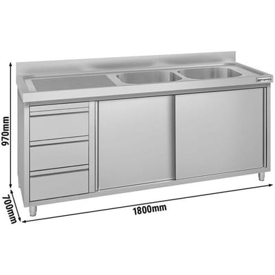 GGM Gastro Spülschrank ECO - 1800x700mm - mit 3 Schubladen & 2 Becken rechts