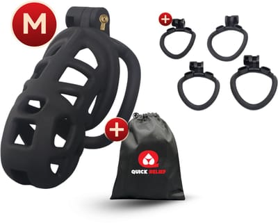 Quick Relief Elite Lock™ Medium - Chastity cage - Kuisheidskooi met 4 ringmaten - Kuisheidskooi voor Mannen - Sissy - Cock Cage - Zwart