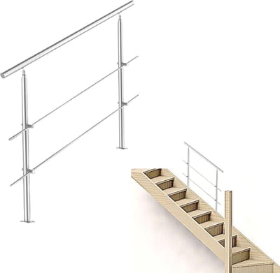 Trapleuning - Roestvrij Stalen - 120cm - 2 Dwarsbalken - leuning voor binnen en buiten - In Hoek Verstelbaar Trapleuningen - met Kogelring en 2 Palen - voor Trap Balkon Terras Borstwering - Ø 42 mm