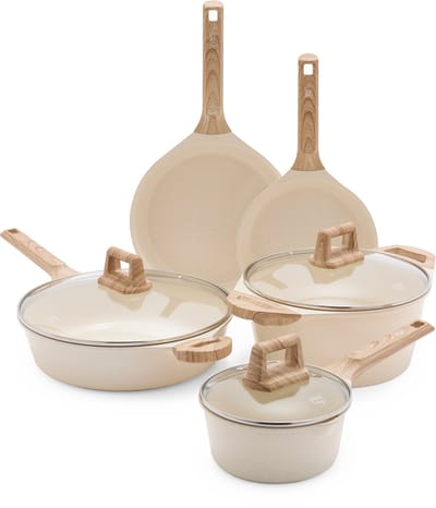 GreenChef Arte Pannenset 8-delig - 16/20/24/28cm - 1.6/3.9/4.4L - PFAS-vrije antikleeflaag - Pannenset inductie - Keramische pan - Niet ovenbestendig - Houten handgreep - Crèmewit