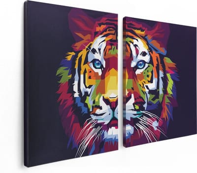 Artaza Canvas Schilderij Tweeluik Kleurrijke Tijger - Abstract - 120x80 - Foto Op Canvas - Canvas Print