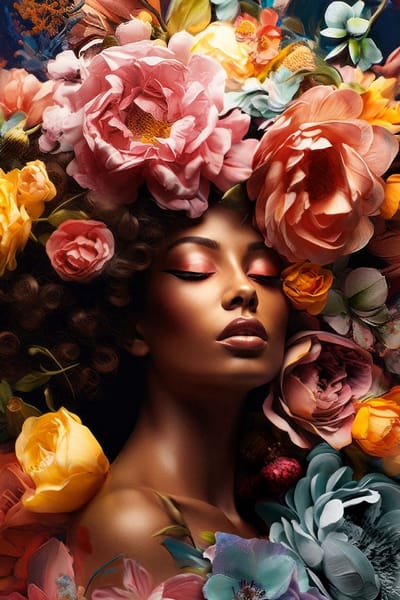Flower Power Woman II - 100cm x 150cm - Fotokunst op akoestisch schilderij | Wanddecoratie