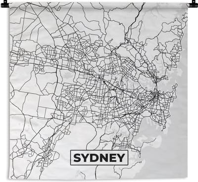 Wandkleed - Wanddoek - Kaart - Sydney - Stadskaart - Plattegrond - Zwart Wit - 180x180 cm - Wandtapijt