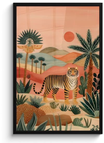 Poster in lijst - Fotolijst 60x90 cm - Posters - Tijger - Kleurrijk - Palmen - Cactus - Posterlijst zwart - Decoratie - Wanddecoratie woonkamer - Muurdecoratie slaapkamer