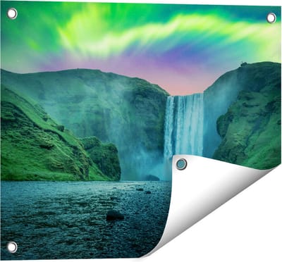 Gards Tuinposter Waterval met het Groene Noorderlicht - 50x40 cm - Tuindoek - Tuindecoratie - Wanddecoratie buiten - Tuinschilderij