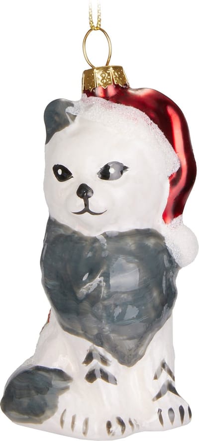 BRUBAKER Kat met Deken en Kerstmuts Rood Groen - Handbeschilderde Kerstbal van Glas - Handgeblazen Kerstboomversieringen Figuren Grappige Decoratieve Hangers Boombal - 9,1 cm