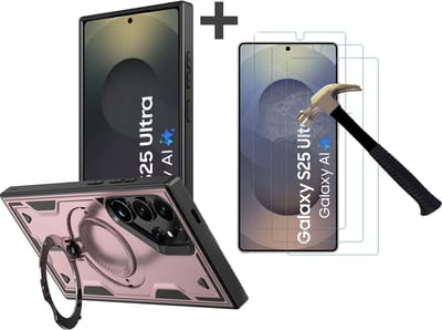 Hoesje Geschikt voor Samsung Galaxy S25 Ultra met 3 Stuks gehard glas Screenprotectors - Armor hoes met Ringhouder - Arara backcover - Rosegoud