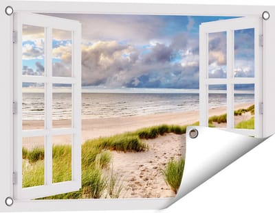 Gards Tuinposter Doorkijk Strand en Duinen met Bewolking - 60x40 cm - Tuindoek - Tuindecoratie - Wanddecoratie buiten - Tuinschilderij