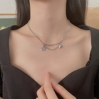 S925 Sterling Zilver Korte Diamant Ster Ketting Temperament Licht Luxe Design Sleutelbeenkettinkje beige