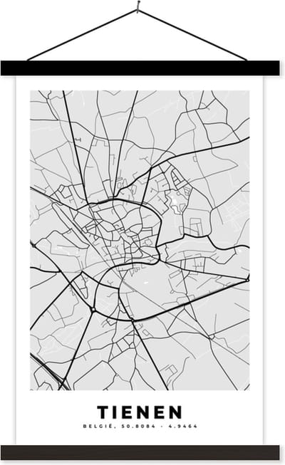 Posterhanger incl. Poster 40x60 cm - Schoolplaat - Zwart Wit – België – Plattegrond – Stadskaart – Kaart – Tienen - Textielposter - Zwarte latten - Stadskaart