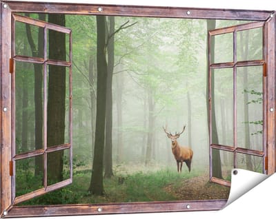 Gards Tuinposter Doorkijk Hert in Bos - 120x80 cm - Tuindoek - Tuindecoratie - Wanddecoratie buiten - Tuinschilderij