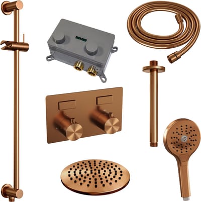 Brauer Copper Edition thermostatische inbouw regendouche met drukknoppen SET 71 met 20 cm douchekop en plafondarm en 3-standen handdouche en doucheslang en geïntegreerde glijstang koper geborsteld PVD