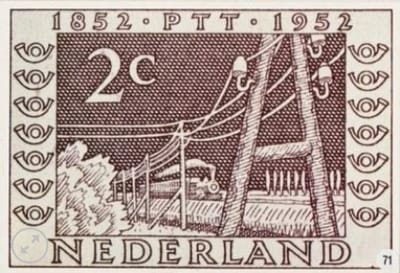 Briefkaart met afbeelding Telegraafpalen in landschap met trein van omstreeks 1852 postzegel