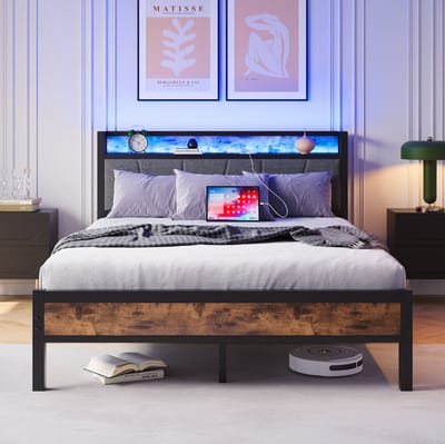 MODFU - Bedframe - Opberghoofdbord En Ledverlichting - Met Oplaadpunt - MDF En Metaal - Antiekbruin - 140 X 200 Cm