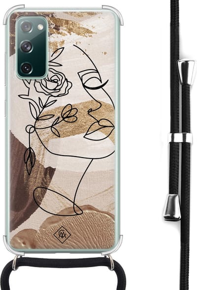 Casimoda® hoesje met koord - Geschikt voor Samsung S20 FE - Abstract Gezicht Bruin - Afneembaar koord - Siliconen/TPU - Bruin/beige