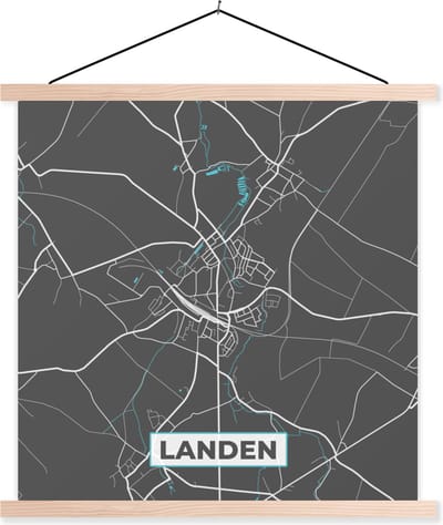 Posterhanger incl. Poster 40x40 cm - Schoolplaat - België – Landen – Stadskaart – Kaart – Blauw – Plattegrond - Textielposter - Blanke latten - Stadskaart