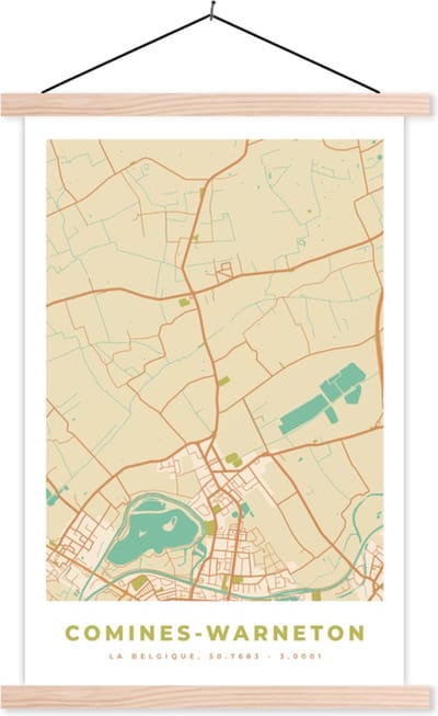 Posterhanger incl. Poster 40x60 cm - Schoolplaat - Plattegrond - Stadskaart - Vintage - Kaart - Comine-Warneton - Textielposter - Blanke latten - Stadskaart