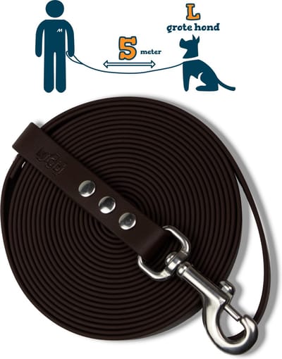 Miqdi lange lijn – BioThane® - donkerbruin – 5 meter lang – 19mm breed – L/XL - grote hond – lange hondenriem