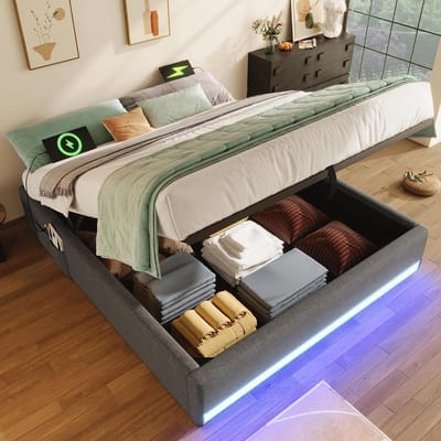 Tweepersoonsbed - Gestoffeerd bed - Slaapkamer organiseren - Hydraulische opbergruimte - 140x200 cm - Grijs