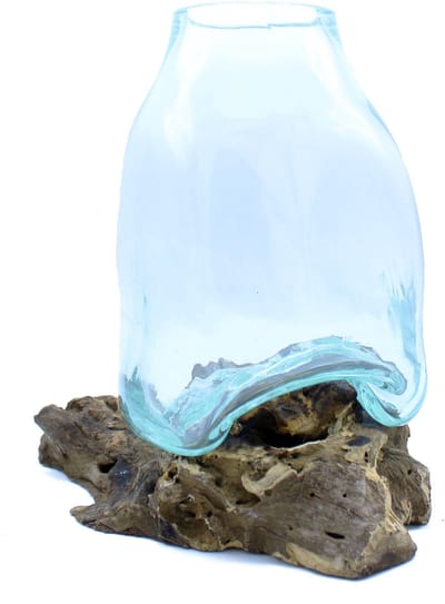 Grote gesmolten glazen vaas - terrariumpot op hout