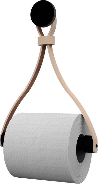 Leren toiletrolhouder 'Triangle' - met Zuignap én schroef - Handles and more® | NATUREL - roldrager: Zwart rondhout - knop: Zwart