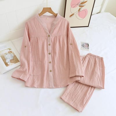 Nieuwe lente- en herfstpyjamaset voor dames, 100% katoen gaas, geschikt voor alle seizoenen, lange mouwen, broek, tweedelig, eenvoudig geruit, thuisbezorgd. XL roze