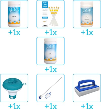 Zwembad Onderhoudspakket - Onderhoud Zwembad - bevat Chloor - Testrips - PH-min - PH-plus - Chloordrijver - Schoonmaakset en Scrubborstel (7-delig)