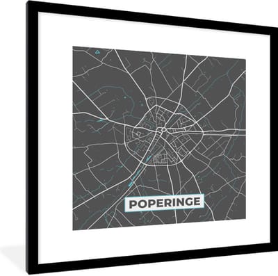 Fotolijst incl. Poster - Stadskaart – Grijs - Kaart – Poperinge – België – Plattegrond - 40x40 cm - Posterlijst