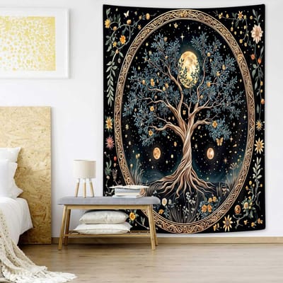 Arbre de Vie Phases de Lune Tapisserie Murale Papillon Floral Étoilé Décor Spirituel Boho Mandala Accroche Murale Tapisseries Pour Chambre à Coucher 70x100CM
