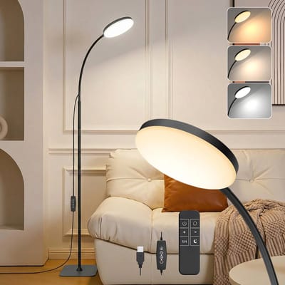 Rosnek LED Vloerlamp met Afstandsbediening - Staande Leeslamp Dimbaar - 16cm Rond - Timer & Geheugenfunctie - 3 Lichtkleuren - Zwart - Voor Woonkamer & Slaapkamer