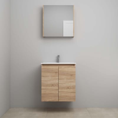 On-Line Badkamermeubelset - 60 cm - Bouwpakket - Greeploos 2 Deuren - Porseleinen Wastafel - 1 Kraangat - Spiegelkast - Eiken
