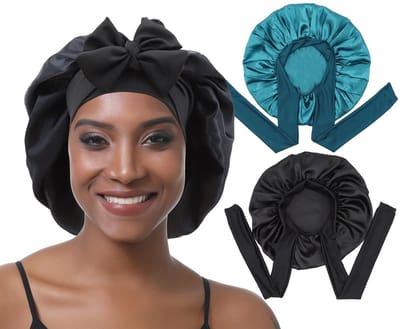 Dailygoods- Slaapmuts Satijn 2 Stuks - Verstelbare Bonnet - Antislip Haarmuts - Voor Dames - Krullend Haar - Zacht en Huidvriendelijk - Haarbonnet