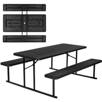VEVOR Opvouwbare picknicktafel (tafelblad met een draagvermogen van 150 kg) met 2 banken, stalen bankenset voor buiten met parasolgat, opvouwbare, draagbare eettafel voor terras, tuin, zwembad (zwart)