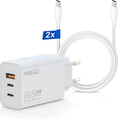 65w usb C Lader met 3 Poorten (2x usb-C, 1x usb-A) - Inclusief 2x usb C Kabels 3 Meter - Supersnelle Adapter