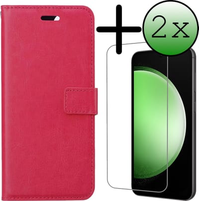 Hoesje Met 2x Screenprotector - Geschikt voor Samsung Galaxy S23 FE - Luxe Pasjeshouder - Bookcase Portemonee - Flip Case - Kunstleer Book Case - Flipcase Hoes - Book Cover - Walletcase - Portemonneehoes - Donkerroze