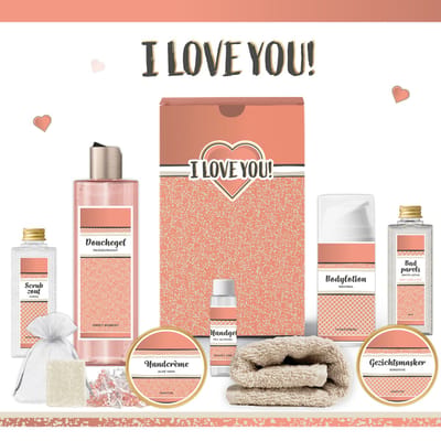 Geschenkset “I love you!” - 9 producten - 720 gram | Giftset voor haar - Luxe wellness cadeaubox - Cadeau vrouw - Set Valentijnsdag - Geschenk Ik hou van jou - Cadeaupakket Kerst - Speciaal voor jou - Gift Valentijn - Liefs Vriendin - Moeder - Roze