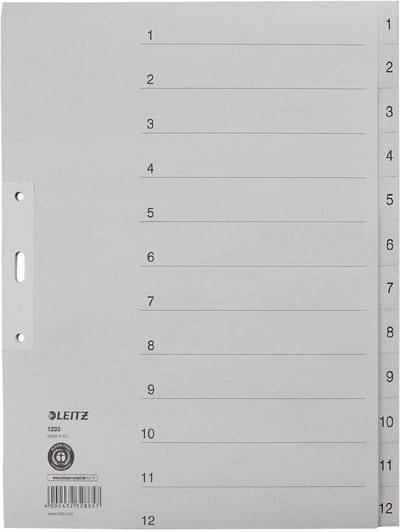 LEITZ kraftpapier-tabbladen, cijfers, A4 overbreed, 1-12,grijs