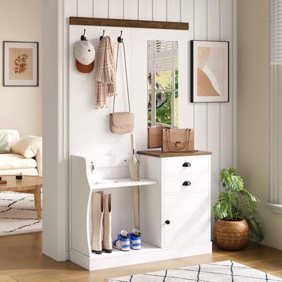 STILVORA Kapstok - Spiegelgarderobe Met Spiegel, Haken, Parapluhouder En 2 Laden Voor Schoenen - Spaanplaat - 110,5x38x191 cm - Wit+Bruin