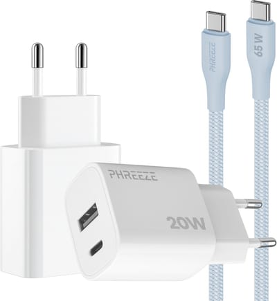 Phreeze usb C adapter 20 W blauw met usb C naar usb C kabel 1 meter - Snellader voor smartphone en tablet - Met 2 poorten