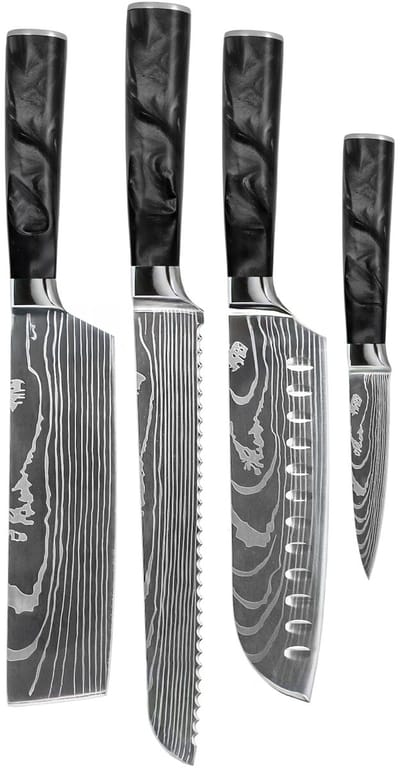 Shinrai Knives - Damascus Print Epoxy Onyx 4-delige Messenset - Santoku + Broodmes + Nakiri + Schilmes - Koksmes - Vleesmes - Hakmes