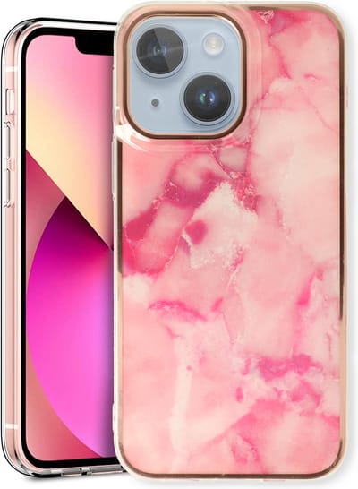 Casemania Hoesje Geschikt voor Apple iPhone 14 - Roze - Siliconen Marmer Back Cover