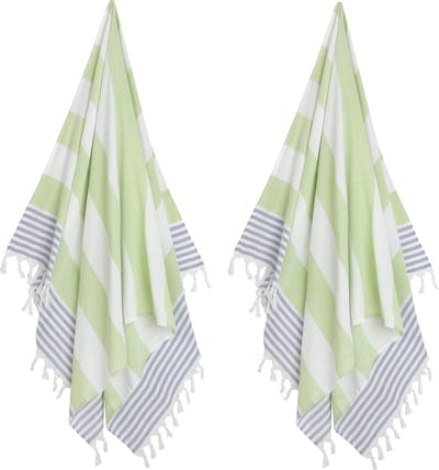 2 x Hamamdoek XL – Groen (blauw) - Strandlaken – Zoem - Katoen - Sauna – Wellness – Zwembad – Omslagdoek – Badlaken – Badhanddoek – Yoga – Stripe – 100 x 180 cm