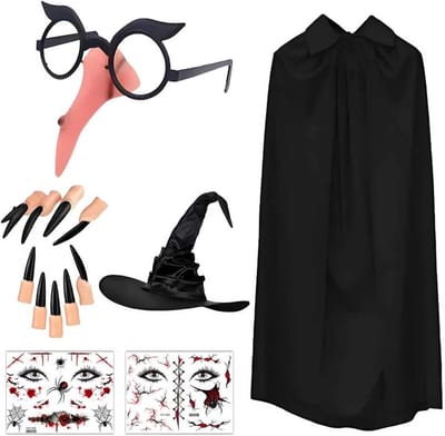 Halloween Kostuum Set voor Vrouwen met Cape, Hoed, Bril, Valse Neus en Tatoeages voor Feestjes
