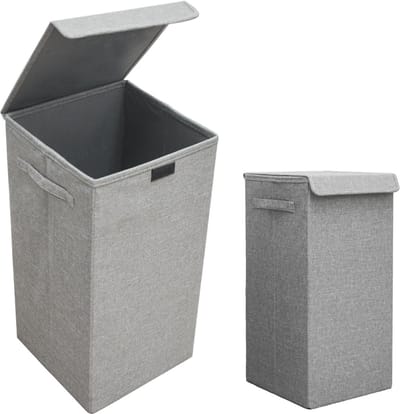 50L Wasmand met Deksel - 30x30x60 Wasverzamelaar met Houten Frame - Badkamer Wasbox Opvouwbaar