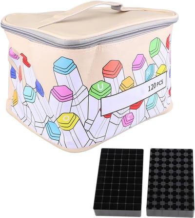 Markerkoffer Opbergkoffer - Etui Stiftenhouder - Kunstbenodigdheden Ordenen - Grote Opening Ritssluiting - 120 Houders - Zwart