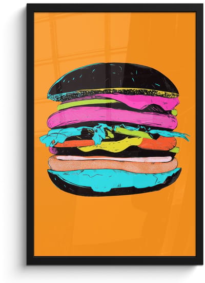 Poster in lijst - Fotolijst 40x60 cm - Posters - Hamburger - Kleurrijk - Speels - Posterlijst zwart - Decoratie - Wanddecoratie woonkamer - Muurdecoratie slaapkamer